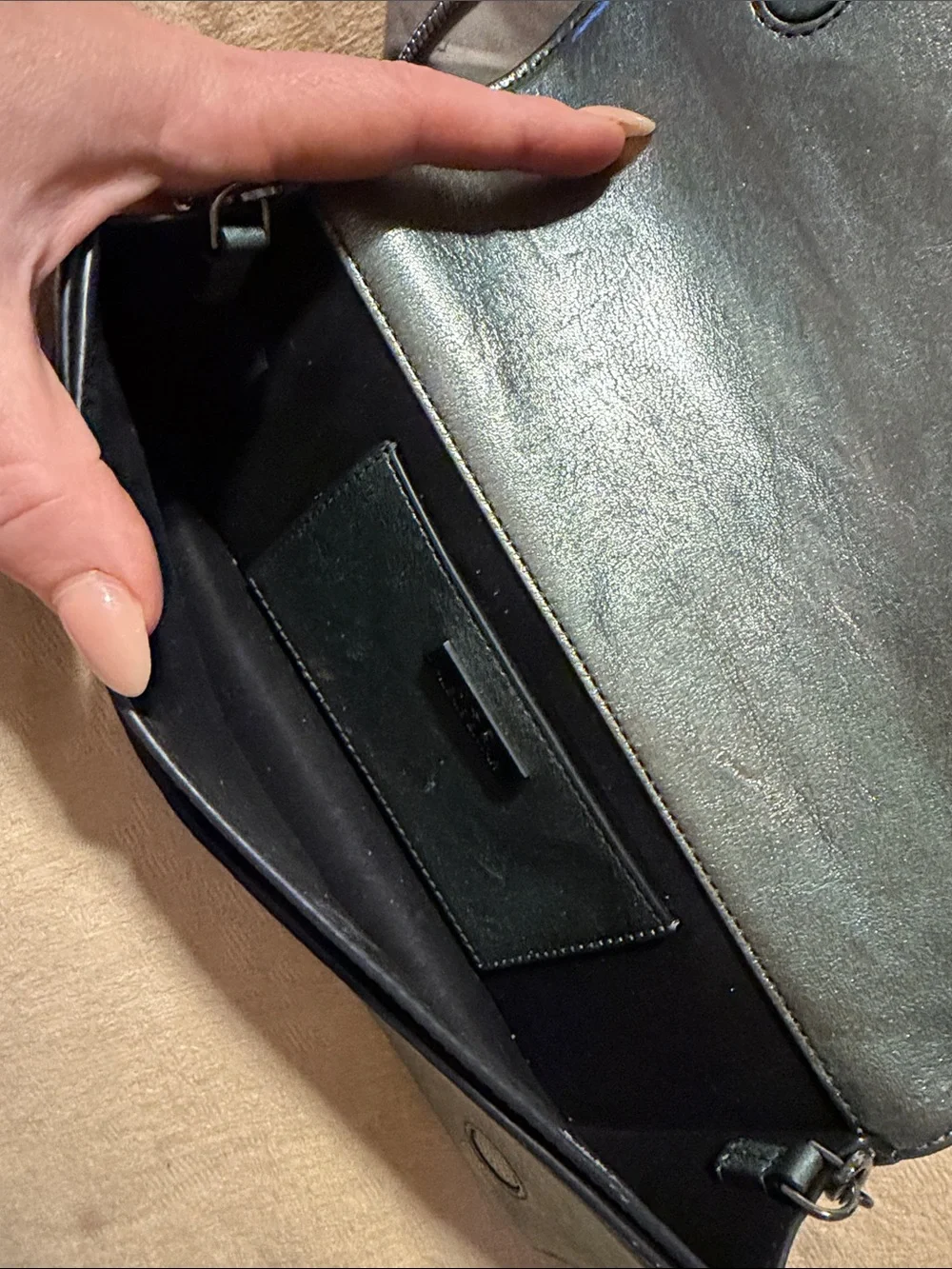Alexis Bittar Iridescent Pewter Metallic Clutch with Black Sculptural Handle
